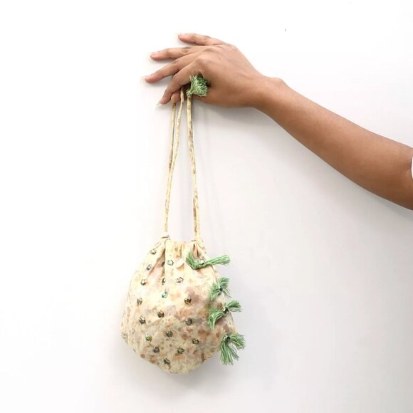 White Chocolate Mini Pouch Storage Cosmetic Bag Drawstring Sequin Printed Cotton - Picture 3 of 3